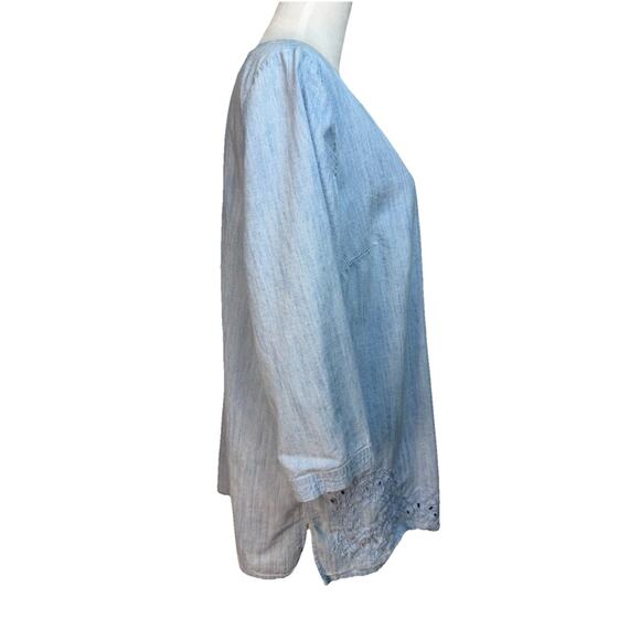 Chicos Women's Tunic Sz 2 L/12 Light Blue 3/4 Sleeves Embroidered Hem Feminine - Picture 5 of 15